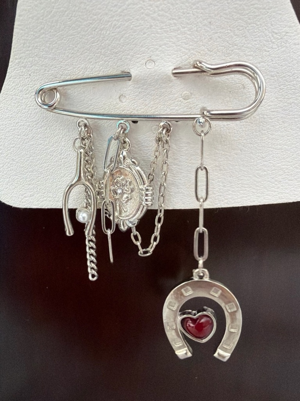 Free People Silver Charm Safety Pin Brooch with Red Heart & Horseshoe